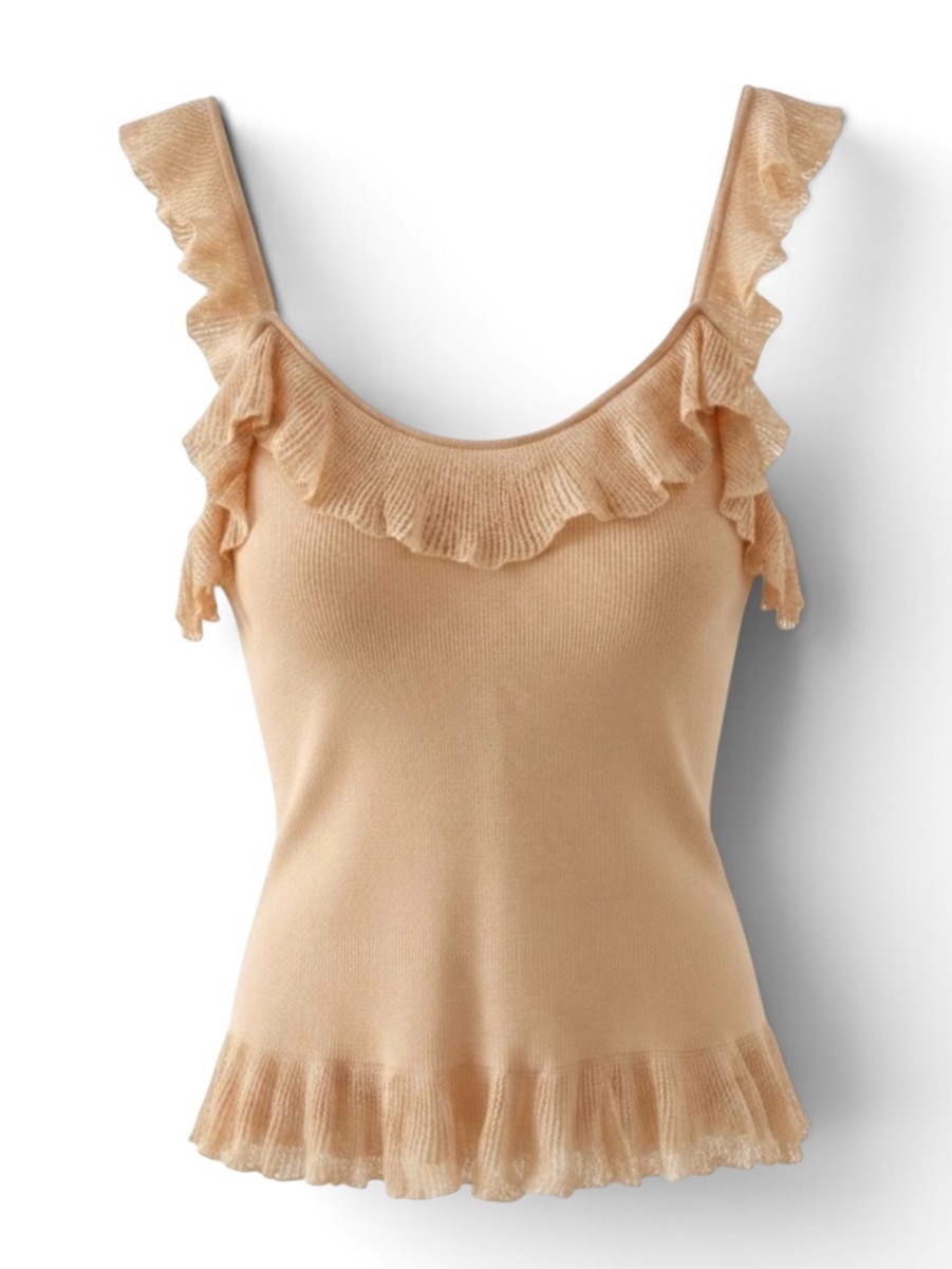 Lauren Ralph Lauren Beige Sleeveless Scoop Neck Ruffle Trim Knit Tank Top